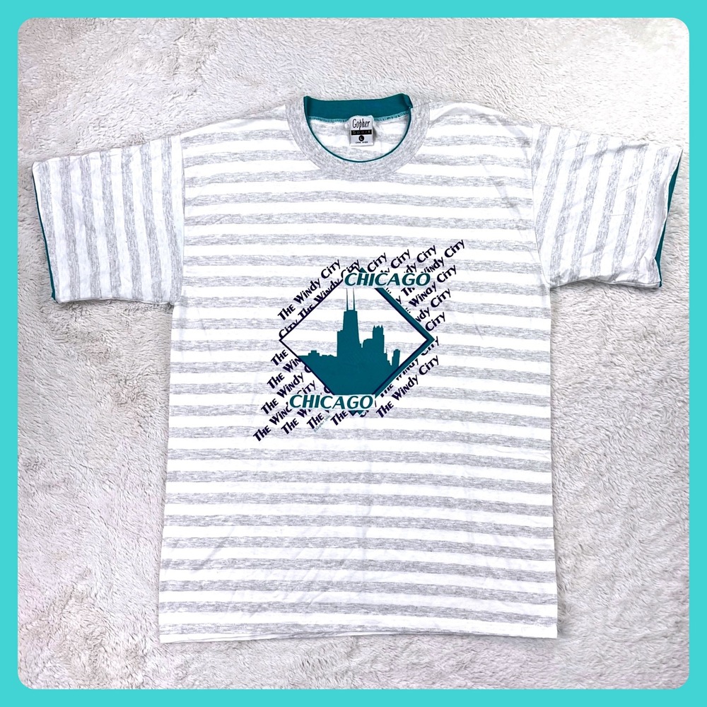 Vintage 90s Chicago T Shirt Men's LARGE White Gray‎ Striped Gopher Sport USA Y2K
